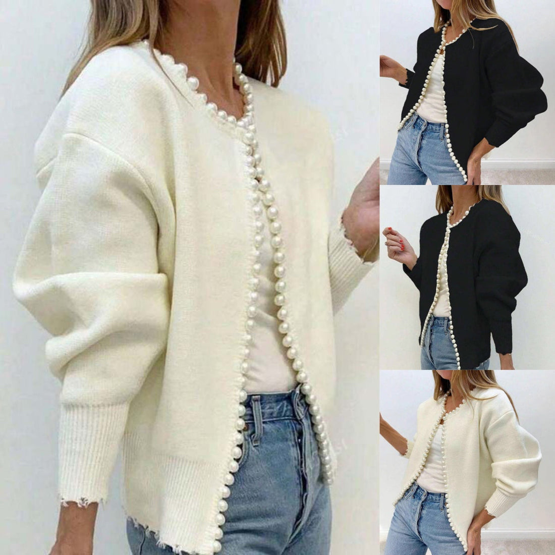 Women's Pearl Accent Cropped Knit Cardigan