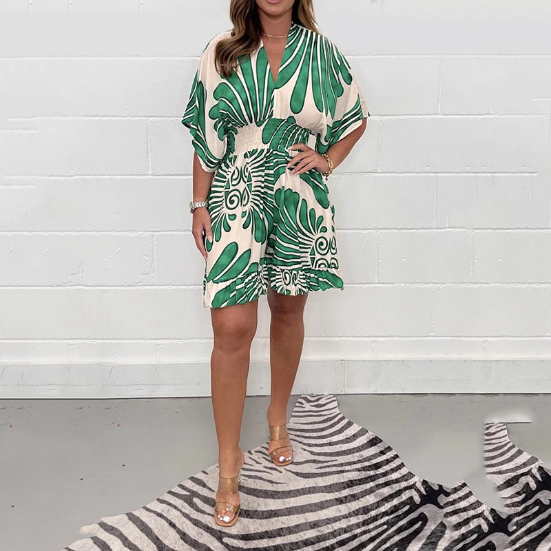 Women's Plant Printed Casual Short Jumpsuit