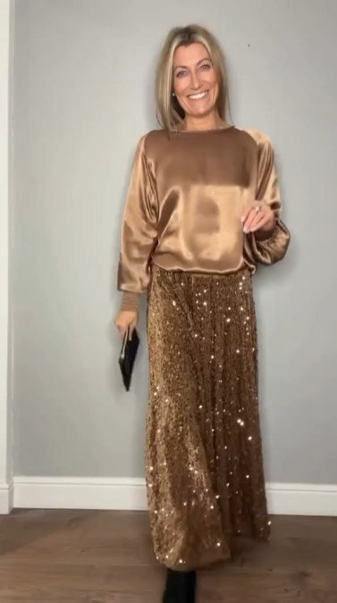 Women's Long Sleeve Top & Sequin Maxi Skirt Two-Piece Set