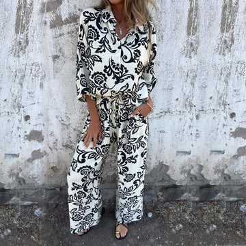 Women’s Stylish Print Lapel Button Shirt and Wide-leg Pants (2-piece Set)