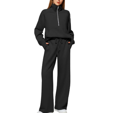Women’s High-Neck Zip-Up Pullover and Wide-Leg Pants Set