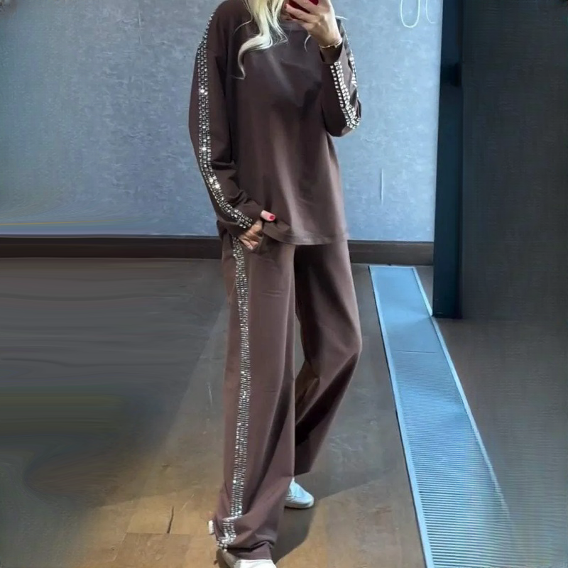 Women's Rhinestone Round-Neck Tops & Pants Two-Piece Set