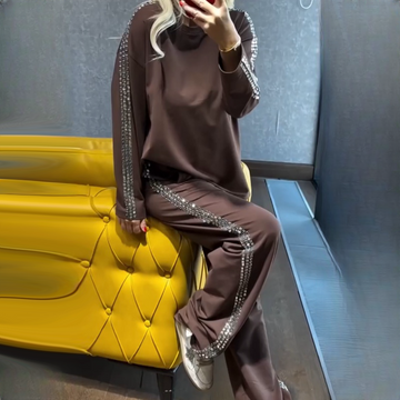 Women's Rhinestone Round-Neck Tops & Pants Two-Piece Set