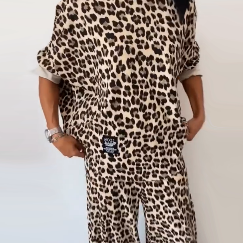 Round-Neck Leopard Print Tops & Pants Two-Piece Set