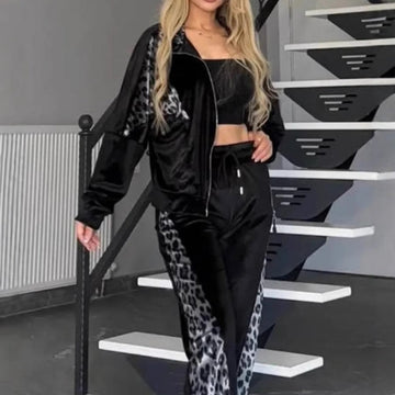 Women's Fashion Leopard Print Zipper Top&Drawstring Pants