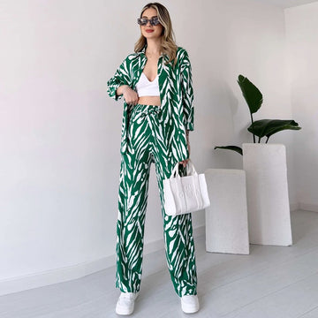Chic Women's Zebra Print Shirt & Pants Set
