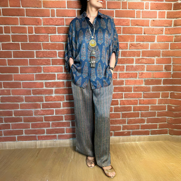 Loose Casual Printed Shirt and Striped Wide Leg Pants Set
