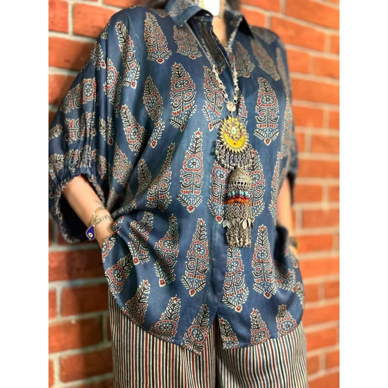 Loose Casual Printed Shirt and Striped Wide Leg Pants Set