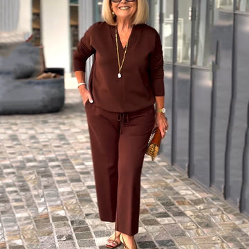 Women's Elegant V-Neck Pullover & Wide-Leg Pants