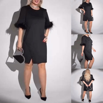 Women's Black Feather-Trimmed Shift Dress