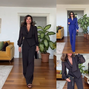 Elegant Black Beaded Top & Wide-Leg Pants (2 PCS Set)