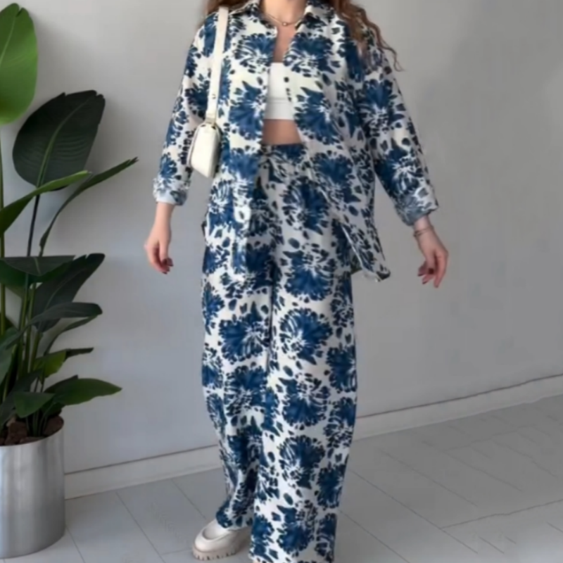 Printed Set Lapel Shirt & Wide Leg Pants