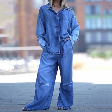 Women’s Casual Relaxed Fit Denim Shirt and Wide-Leg Pant Set