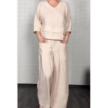 V-Neck Three-Quarter Sleeve Top & Pocket Wide-Leg Pants (2PCS Set)