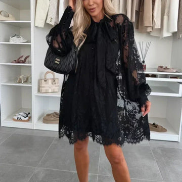 Lace Mini Dress with Bow Tie Neck