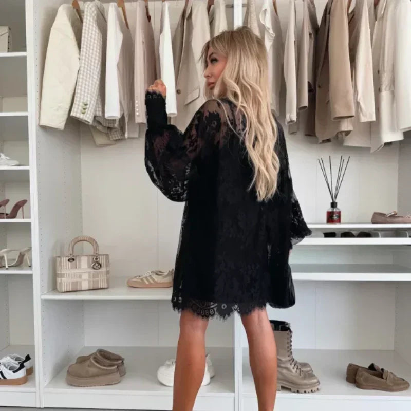 Lace Mini Dress with Bow Tie Neck