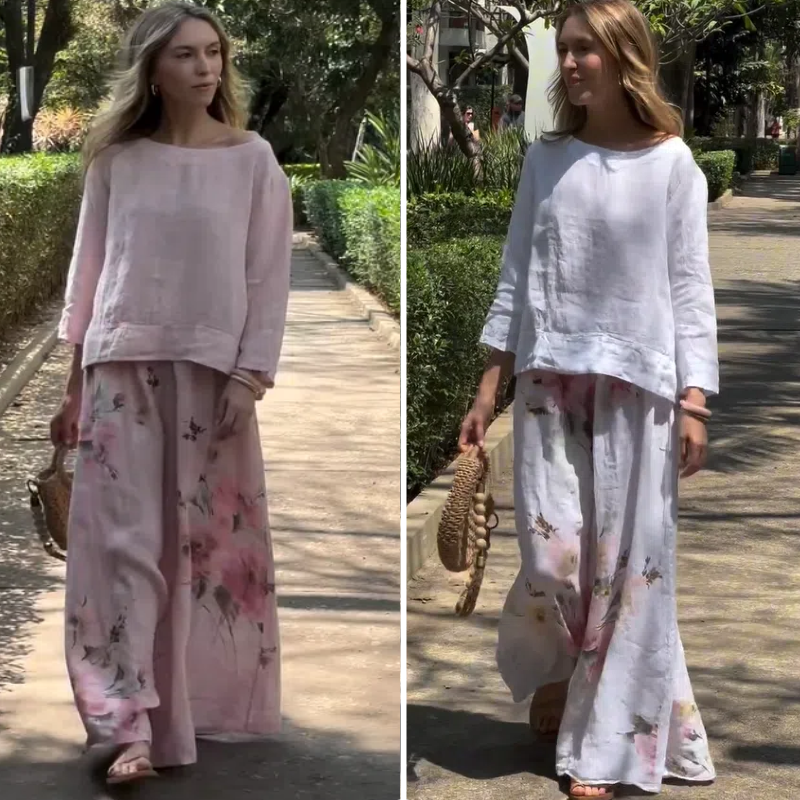 Solid Tops & Floral Wide-Leg Pants (2-Piece Set)