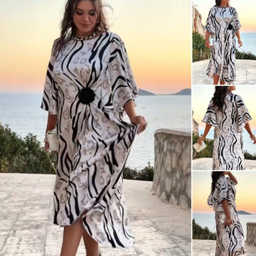 Elegant Printed Round Neck Flowy Dress
