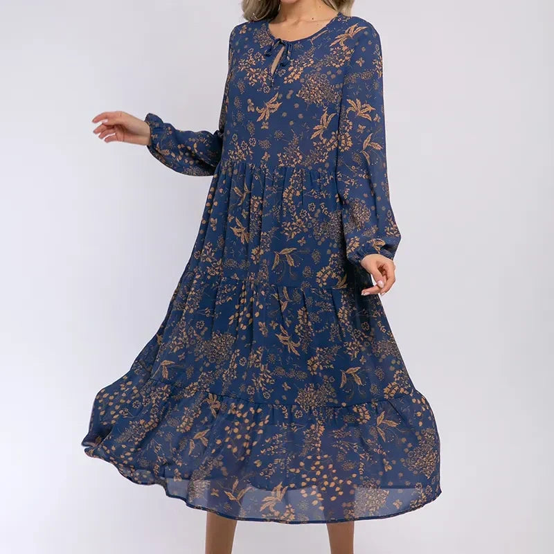 Long Sleeve Printed Round Neck Dress
