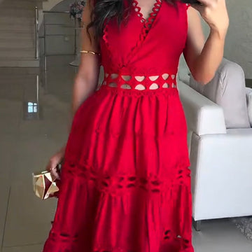 Solid Color V-Neck Sleeveless Openwork Design Dress