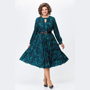 Women’s Long-Sleeve Print Cutout Dress with Belt
