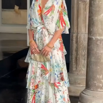 Women's Floral Printed V-Neck Waist-slimming Dress