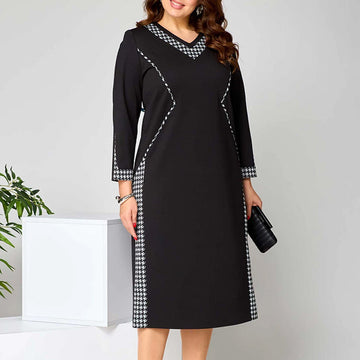 Women's Elegant Black Midi Dress with Houndstooth Trim