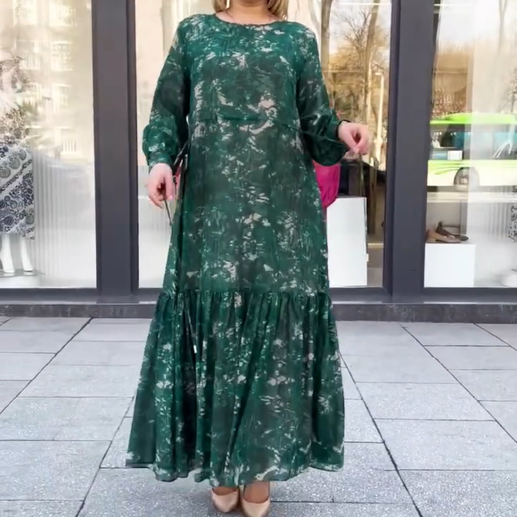 Women's Printed Round-Neck Dress with Pleated Hem