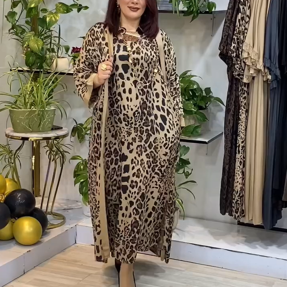 Leopard Print Dress & Cardigan (2-Piece Set)