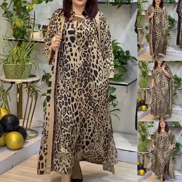Leopard Print Dress & Cardigan (2-Piece Set)