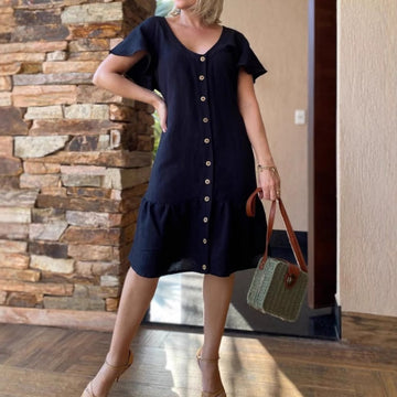 Women's Fashion Solid Color V-Neck Button Loose Dresses