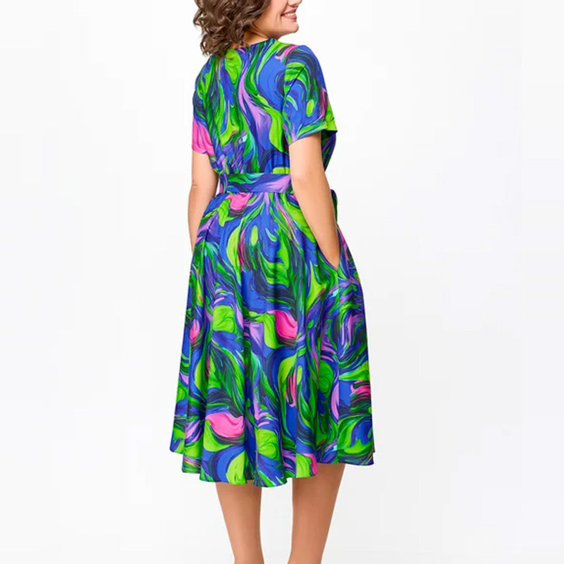 Women's Short Sleeve Waisted Printed Midi Dress