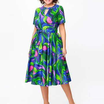 Women's Short Sleeve Waisted Printed Midi Dress