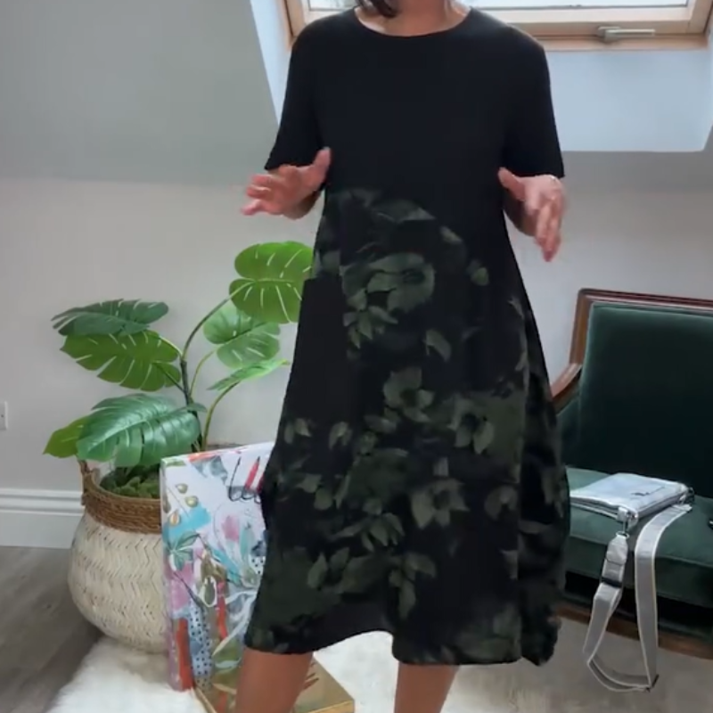 Round Neck Leaf Print Dress with Pockets
