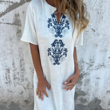 Women's V Neck Linen Dress With Hand Embroidered Neckline