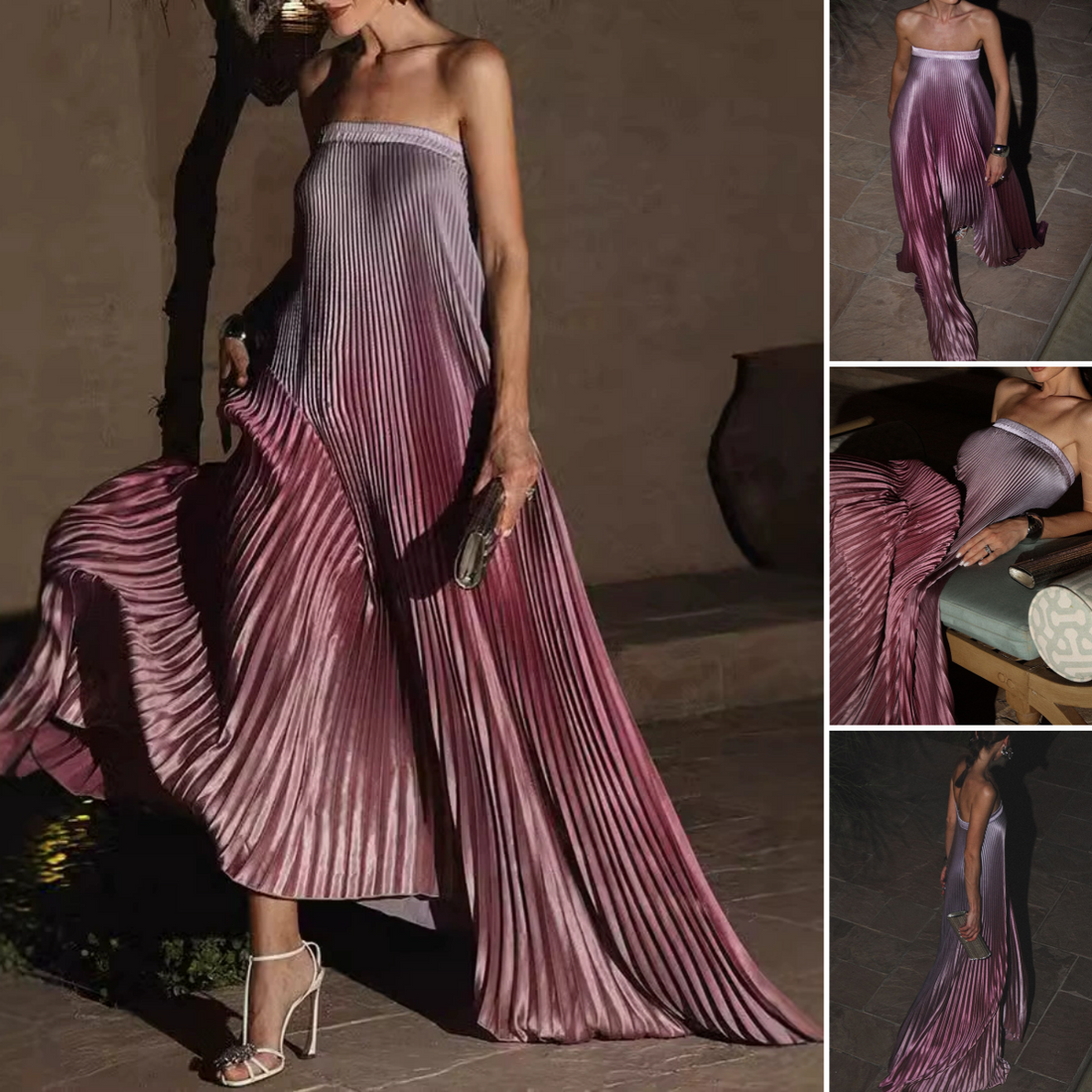 Ombre Strapless Pleated Evening Dress