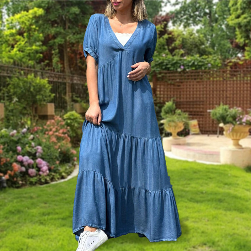 Loose V-neck Tiered Faux Denim Dress