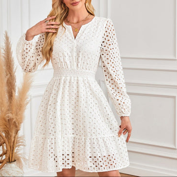 Women's V-Neck Long Sleeve Hollow Out Dress