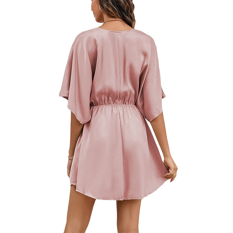 Women's Satin V-Neck Twist Ruffle Mini Dress