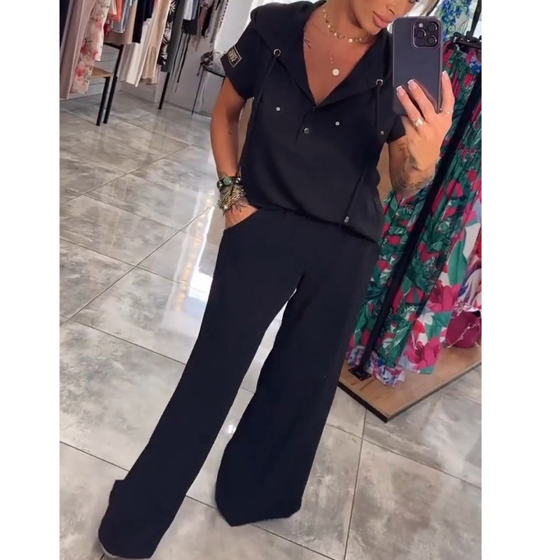 Hooded V-Neck Short-Sleeve Tops & Pants Two-Piece Set