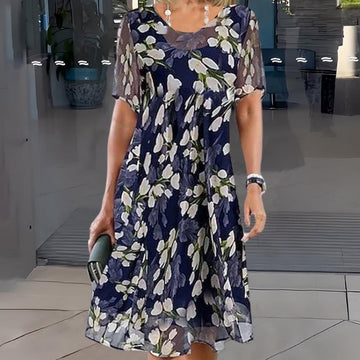 Women’s Elegant Floral Print Short Sleeve Flowy Dress