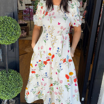 Stretch Smocked Chest Floral Ruffled Sleeve Dress