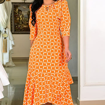 Women’s Trendy Orange Printed Dress with 3/4 Sleeves