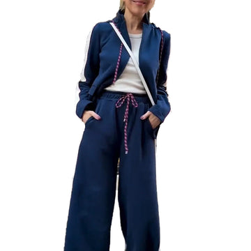 Women's Round Neck Drawstring Striped Commuter Suit