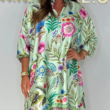Loose V-Neck Half-Button Front Floral Dress