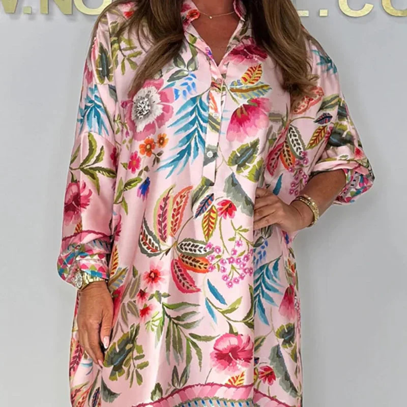 Loose V-Neck Half-Button Front Floral Dress