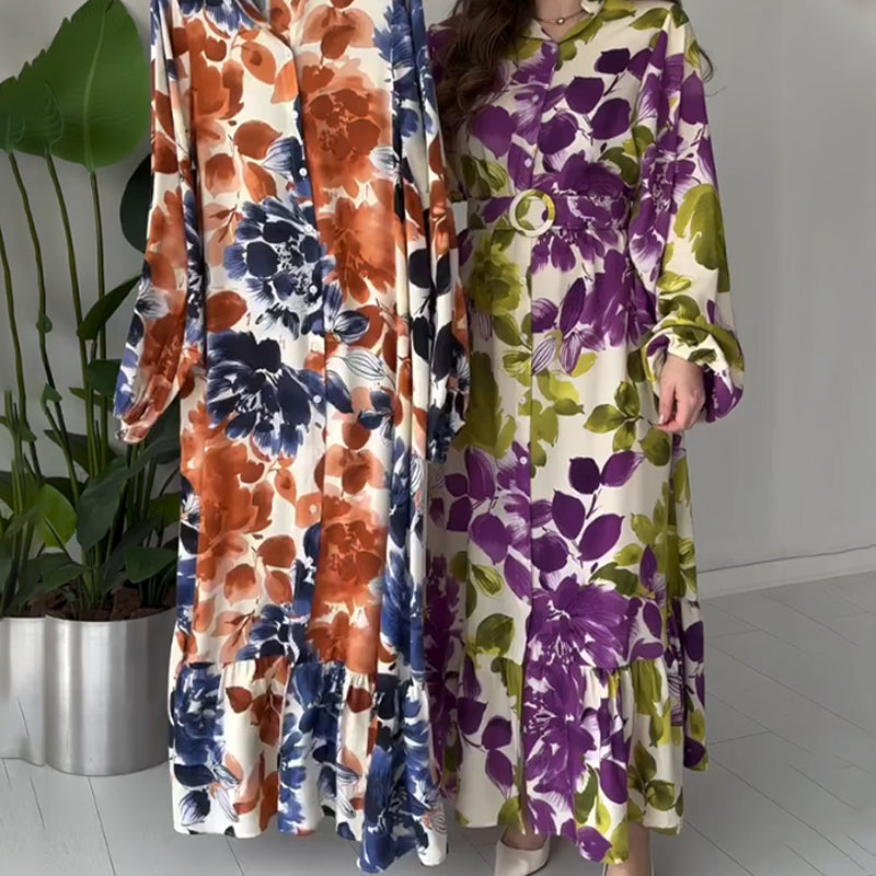 Women's Printed Button Dress with Belt