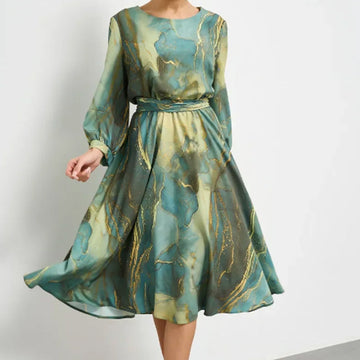 Women's Long Sleeve Fashion Printed Waist Dresses