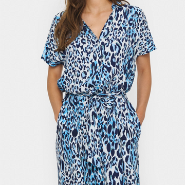Women's Leopard Print Button-Down Shirt Dress with Waist Tie