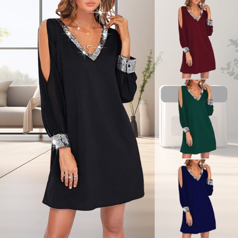 Glamorous Glitter Trimmed V-Neck Cold Shoulder Dress